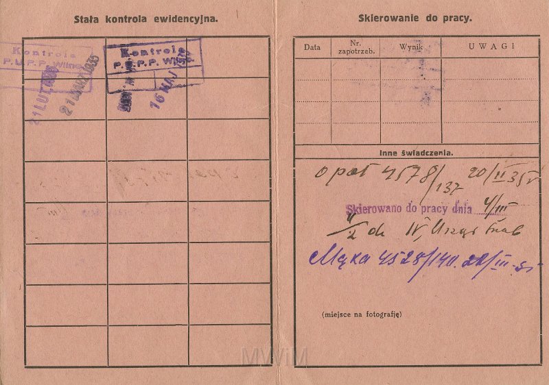 KKE 5424a.jpg - Dok. Legitymacja bezrobotnego wydana przez biuro pośrednictwa pracy w Wilnie dla Michała Katkowskiego, Wilno, 12 IV 1934 r.